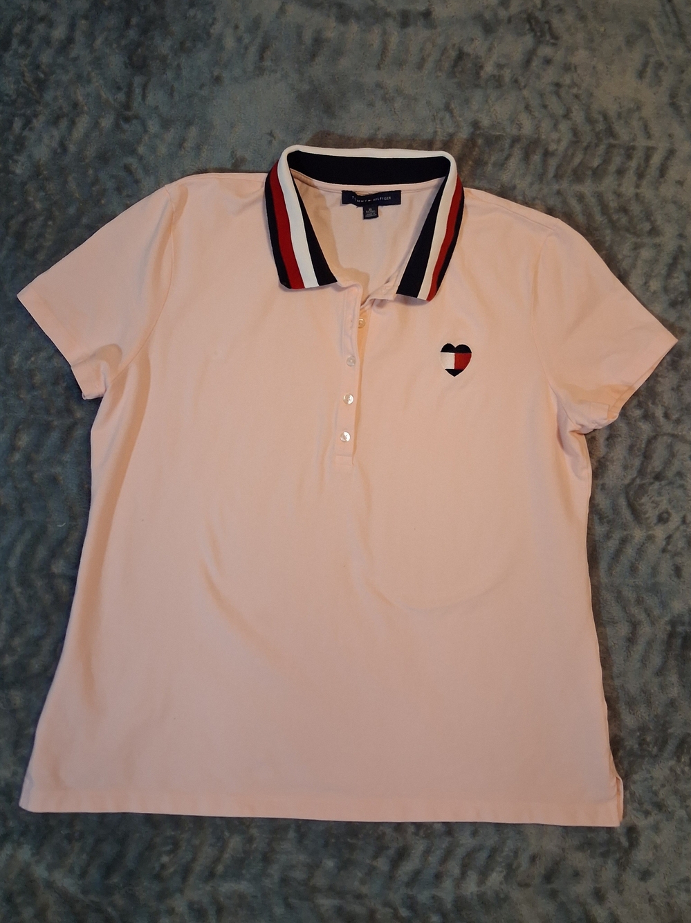 Tommy Hilfiger Top Womens Pink Polo with Striped Collar And Small Heart Logo